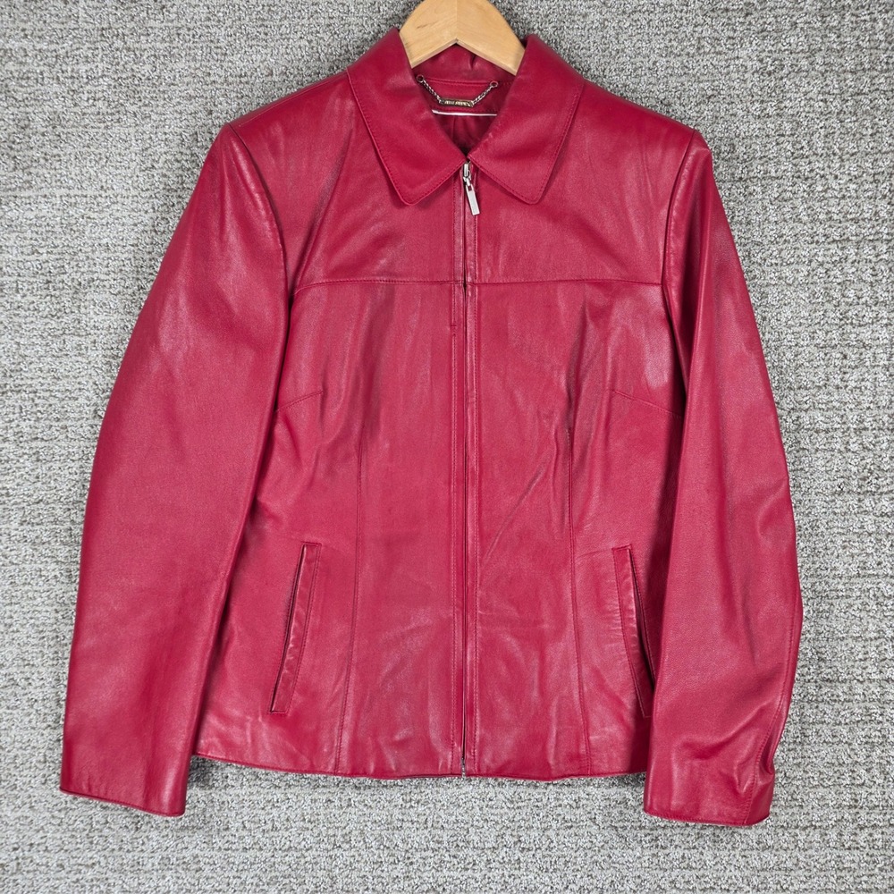 Wilsons Leather Pelle Studio Red Italian Leather Zip Up Jacket Womens Size M Vtg